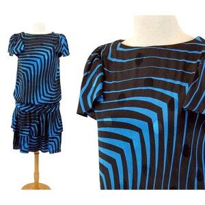 1980s dress op art abstract striped  blue black drop waist tiered ruffle skirt